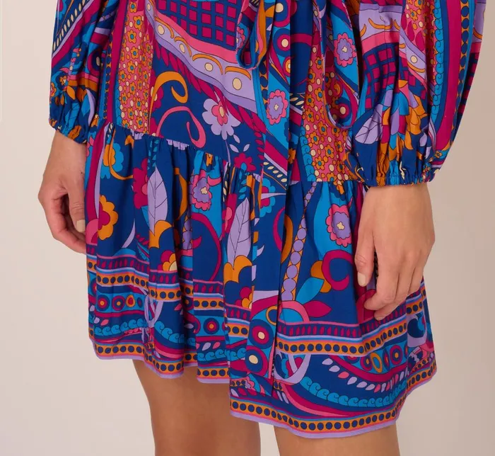 Adrianna Papell Day Dresses Long Sleeve Retro Printed A Line Dress In Blue Multi 8211 Women