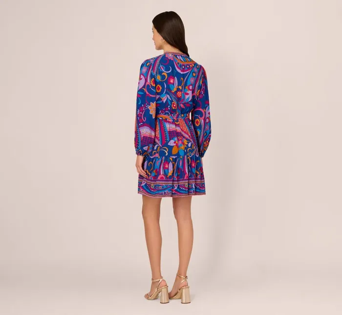 Adrianna Papell Day Dresses Long Sleeve Retro Printed A Line Dress In Blue Multi 8211 Women