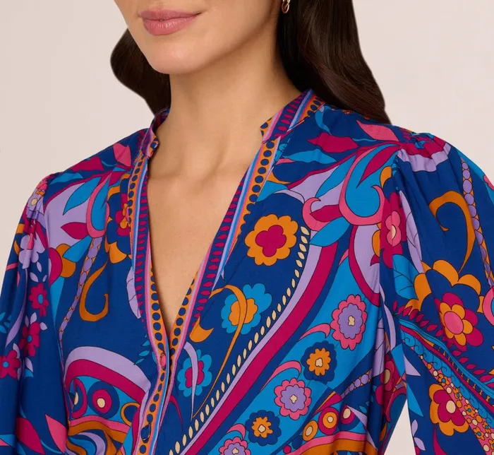 Adrianna Papell Day Dresses Long Sleeve Retro Printed A Line Dress In Blue Multi 8211 Women