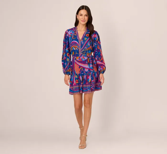 Adrianna Papell Day Dresses Long Sleeve Retro Printed A Line Dress In Blue Multi 8211 Women