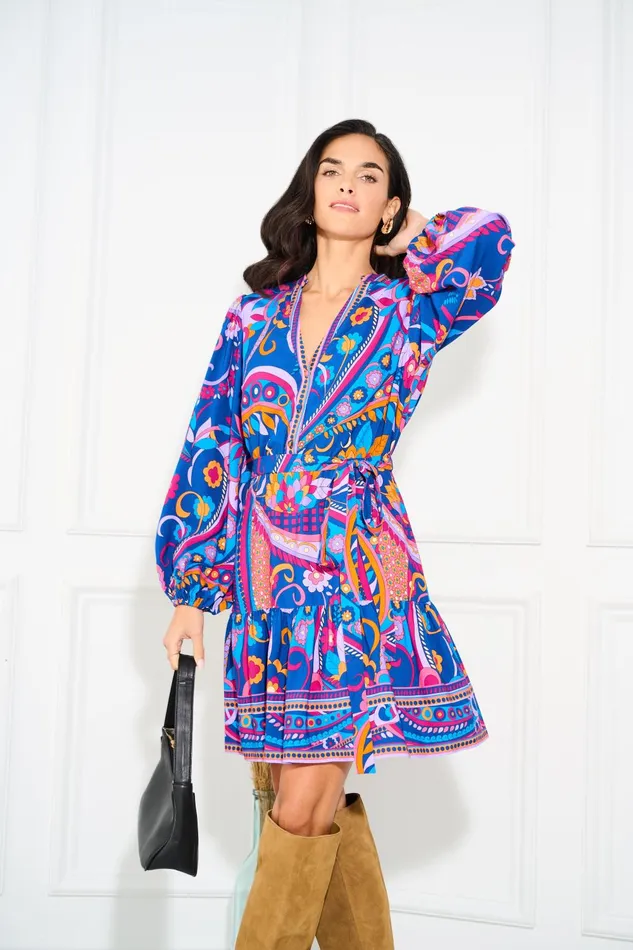 Adrianna Papell Day Dresses Long Sleeve Retro Printed A Line Dress In Blue Multi 8211 Women