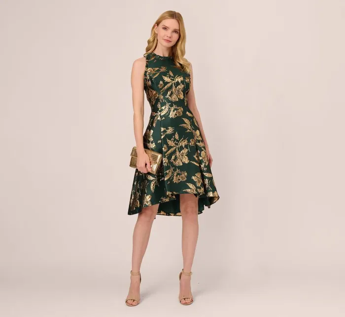 Adrianna Papell Day Dresses Metallic Jacquard High Low Dress With Ruffle Details In Hunter 8211 Women
