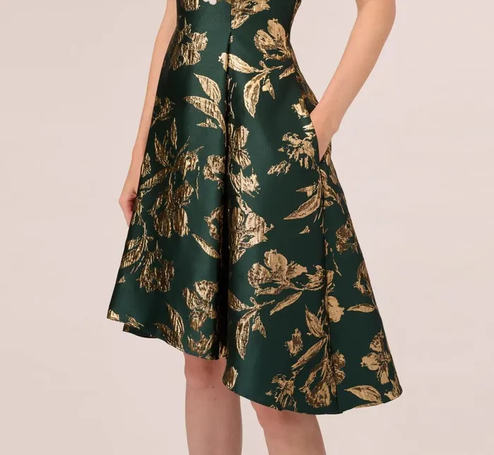 Adrianna Papell Day Dresses Metallic Jacquard High Low Dress With Ruffle Details In Hunter 8211 Women