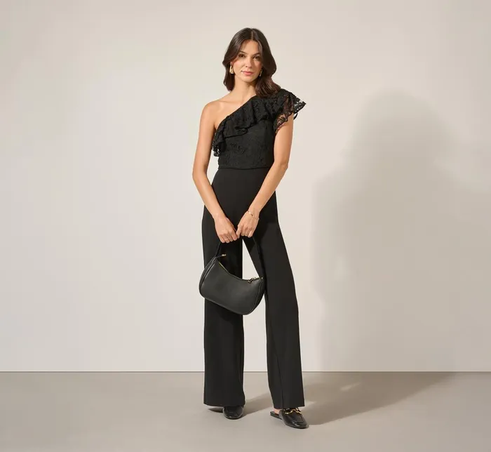 Adrianna Papell Day Dresses One Shoulder Crepe Jumpsuit With Lace Ruffle Details In Black 8211 Women Adrianna Papell Day Dresses One Shoulder Crepe Jumpsuit With Lace Ruffle Details In Black 8211 Women