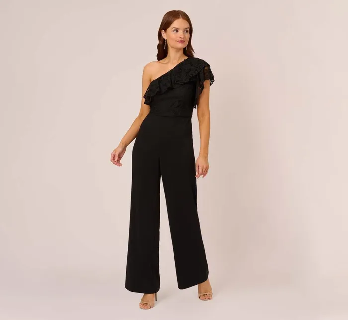 Adrianna Papell Day Dresses One Shoulder Crepe Jumpsuit With Lace Ruffle Details In Black 8211 Women