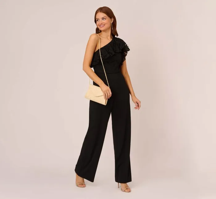 Adrianna Papell Day Dresses One Shoulder Crepe Jumpsuit With Lace Ruffle Details In Black 8211 Women