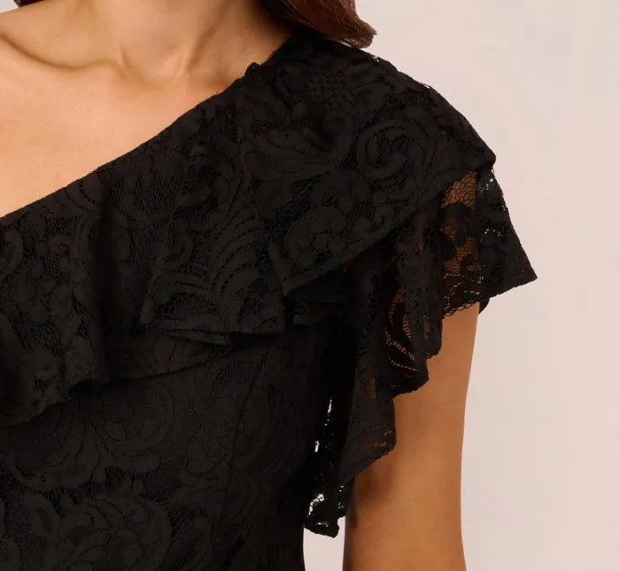 Adrianna Papell Day Dresses One Shoulder Crepe Jumpsuit With Lace Ruffle Details In Black 8211 Women
