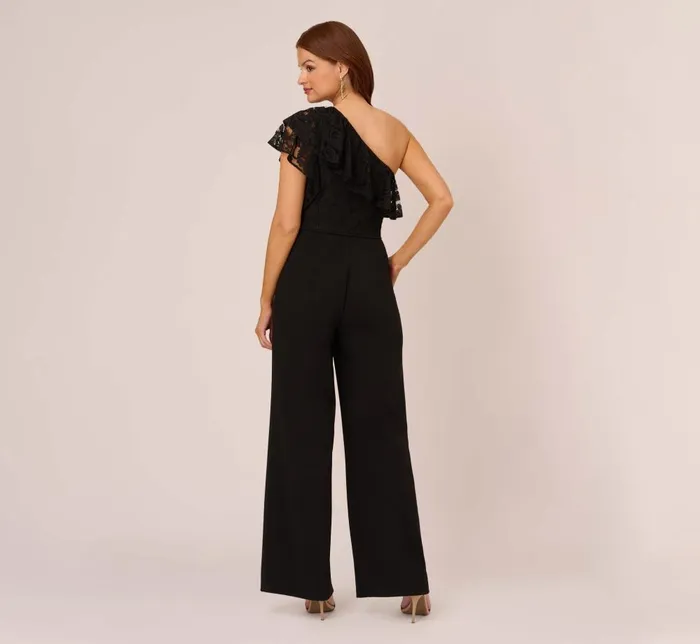 Adrianna Papell Day Dresses One Shoulder Crepe Jumpsuit With Lace Ruffle Details In Black 8211 Women