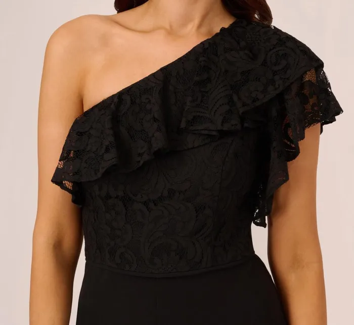 Adrianna Papell Day Dresses One Shoulder Crepe Jumpsuit With Lace Ruffle Details In Black 8211 Women