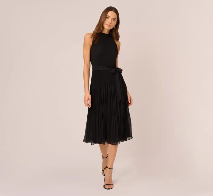 Adrianna Papell Day Dresses Pleated Sleeveless Chiffon Dress With Tie Waist In Black 8211 Women Adrianna Papell Day Dresses Pleated Sleeveless Chiffon Dress With Tie Waist In Black 8211 Women