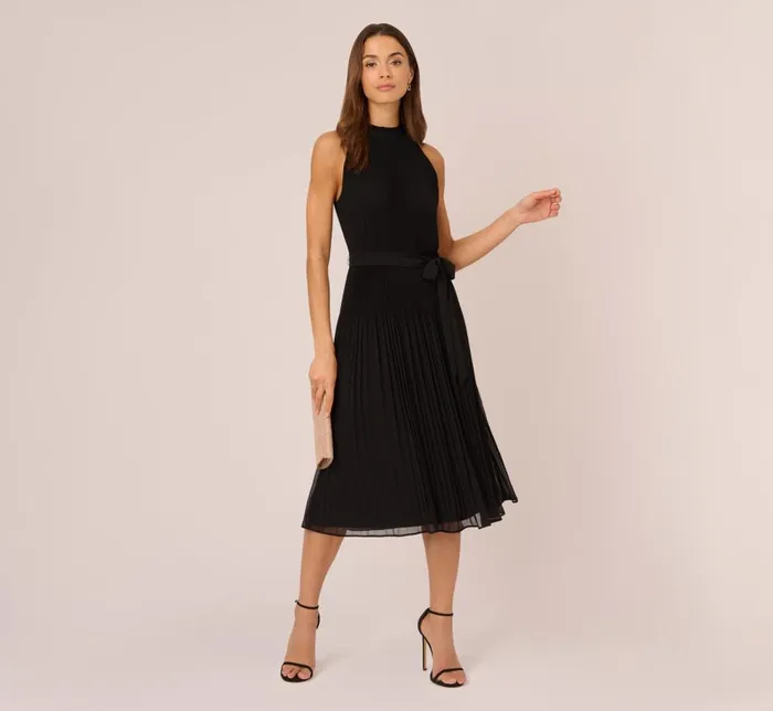 Adrianna Papell Day Dresses Pleated Sleeveless Chiffon Dress With Tie Waist In Black 8211 Women