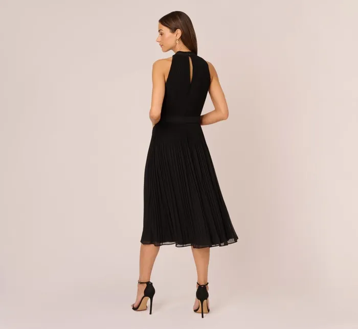 Adrianna Papell Day Dresses Pleated Sleeveless Chiffon Dress With Tie Waist In Black 8211 Women