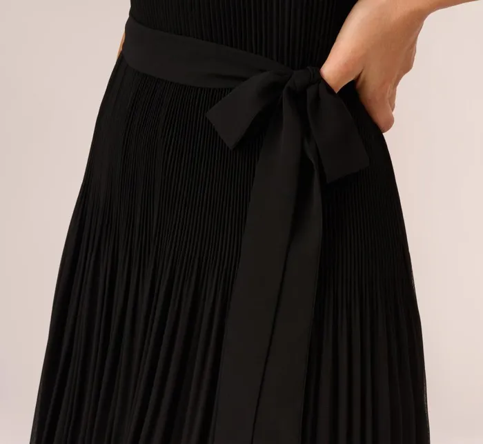 Adrianna Papell Day Dresses Pleated Sleeveless Chiffon Dress With Tie Waist In Black 8211 Women