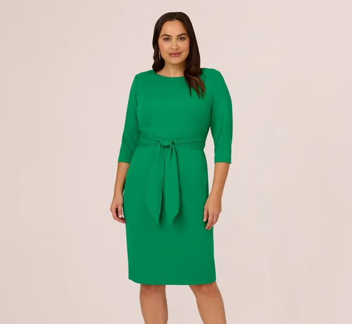 Adrianna Papell Day Dresses Plus Size Knit Crepe Bow Sheath Dress With Three Quarter Sleeves In Vivid Green 8211 Women Adrianna Papell Day Dresses Plus Size Knit Crepe Bow Sheath Dress With Three Quarter Sleeves In Vivid Green 8211 Women