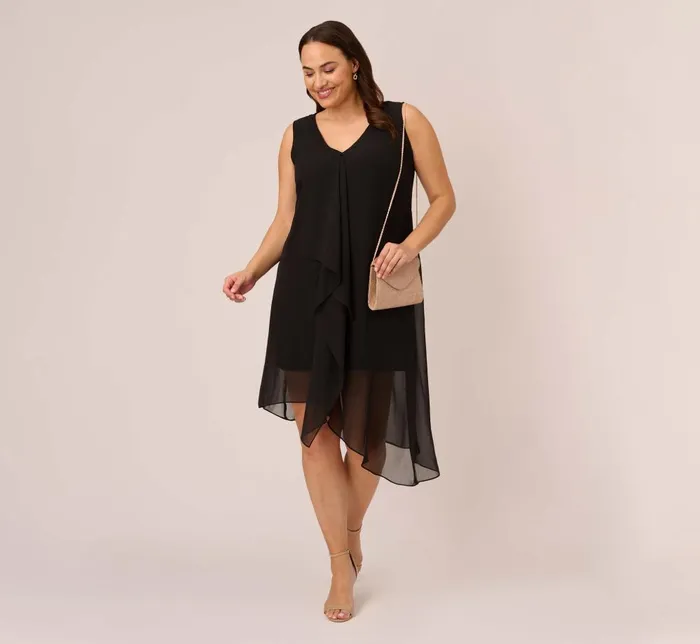 Adrianna Papell Day Dresses Plus Size Sleeveless Chiffon Dress With Cascading Details In Black 8211 Women