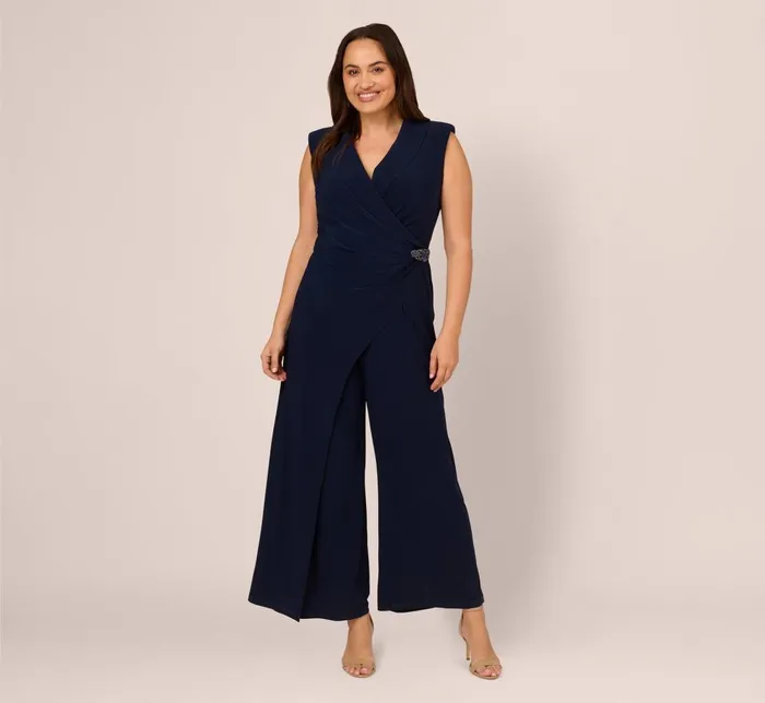 Adrianna Papell Day Dresses Plus Size Sleeveless Jersey Wide Leg Jumpsuit With Shawl Neckline In Midnight 8211 Women Adrianna Papell Day Dresses Plus Size Sleeveless Jersey Wide Leg Jumpsuit With Shawl Neckline In Midnight 8211 Women