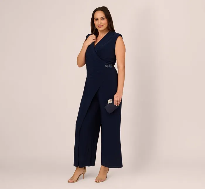 Adrianna Papell Day Dresses Plus Size Sleeveless Jersey Wide Leg Jumpsuit With Shawl Neckline In Midnight 8211 Women