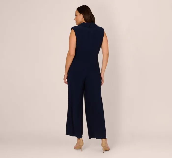 Adrianna Papell Day Dresses Plus Size Sleeveless Jersey Wide Leg Jumpsuit With Shawl Neckline In Midnight 8211 Women