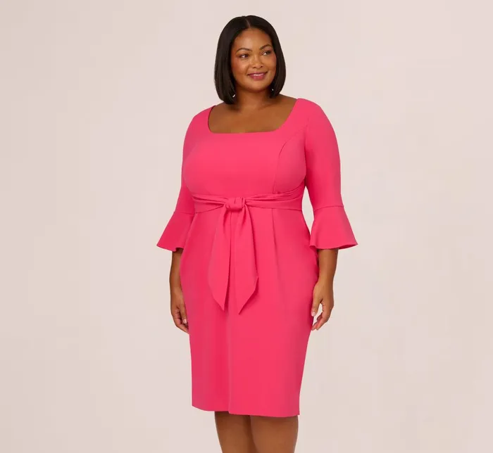 Adrianna Papell Day Dresses Plus Size Stretch Knit Crepe TieFront MidiLength Sheath Dress In Camellia 8211 Women Adrianna Papell Day Dresses Plus Size Stretch Knit Crepe TieFront MidiLength Sheath Dress In Camellia 8211 Women