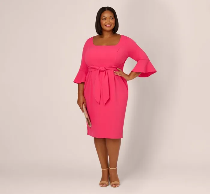 Adrianna Papell Day Dresses Plus Size Stretch Knit Crepe TieFront MidiLength Sheath Dress In Camellia 8211 Women