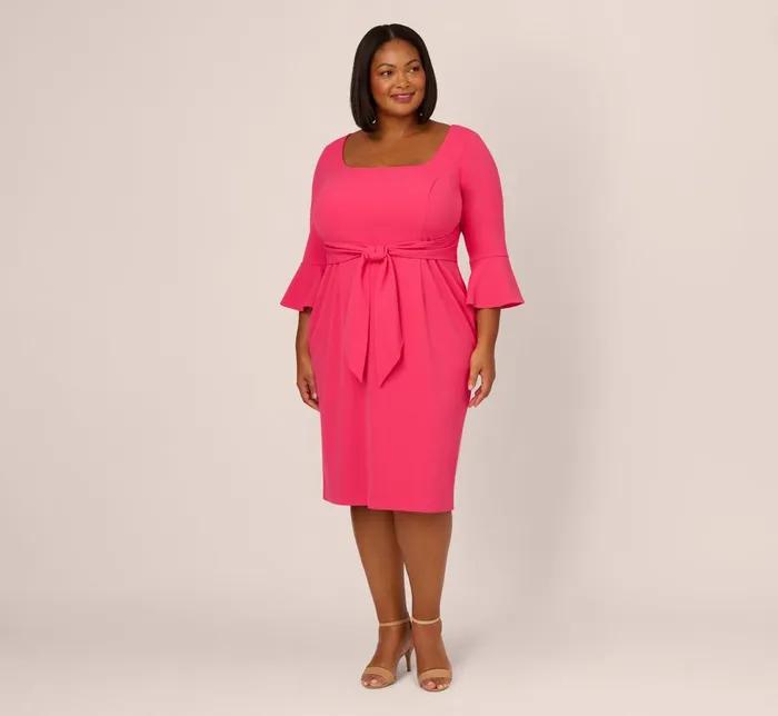 Adrianna Papell Day Dresses Plus Size Stretch Knit Crepe TieFront MidiLength Sheath Dress In Camellia 8211 Women