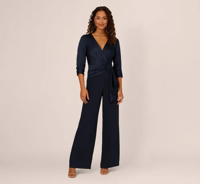 Adrianna Papell Day Dresses Satin Crepe Three Quarter Sleeve Jumpsuit With Buckle Waist In Dark Navy 8211 Women