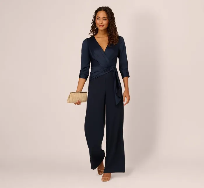 Adrianna Papell Day Dresses Satin Crepe Three Quarter Sleeve Jumpsuit With Buckle Waist In Dark Navy 8211 Women
