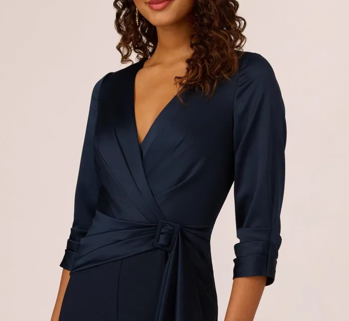 Adrianna Papell Day Dresses Satin Crepe Three Quarter Sleeve Jumpsuit With Buckle Waist In Dark Navy 8211 Women