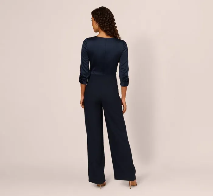 Adrianna Papell Day Dresses Satin Crepe Three Quarter Sleeve Jumpsuit With Buckle Waist In Dark Navy 8211 Women