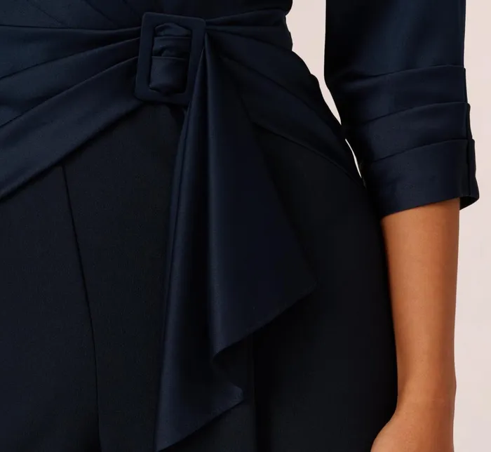 Adrianna Papell Day Dresses Satin Crepe Three Quarter Sleeve Jumpsuit With Buckle Waist In Dark Navy 8211 Women