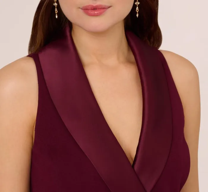 Adrianna Papell Day Dresses Sleeveless Crepe Tuxedo Dress With Charmeuse Accents In Cabernet 8211 Women