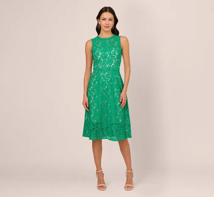 Adrianna Papell Day Dresses Sleeveless Lace Fit And Flare Dress With Sheer Details In Botanic Green 8211 Women