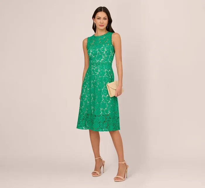 Adrianna Papell Day Dresses Sleeveless Lace Fit And Flare Dress With Sheer Details In Botanic Green 8211 Women