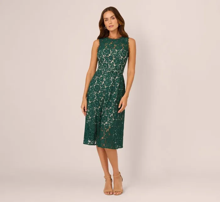 Adrianna Papell Day Dresses Sleeveless Lace Fit And Flare Dress With Sheer Details In Hunter 8211 Women