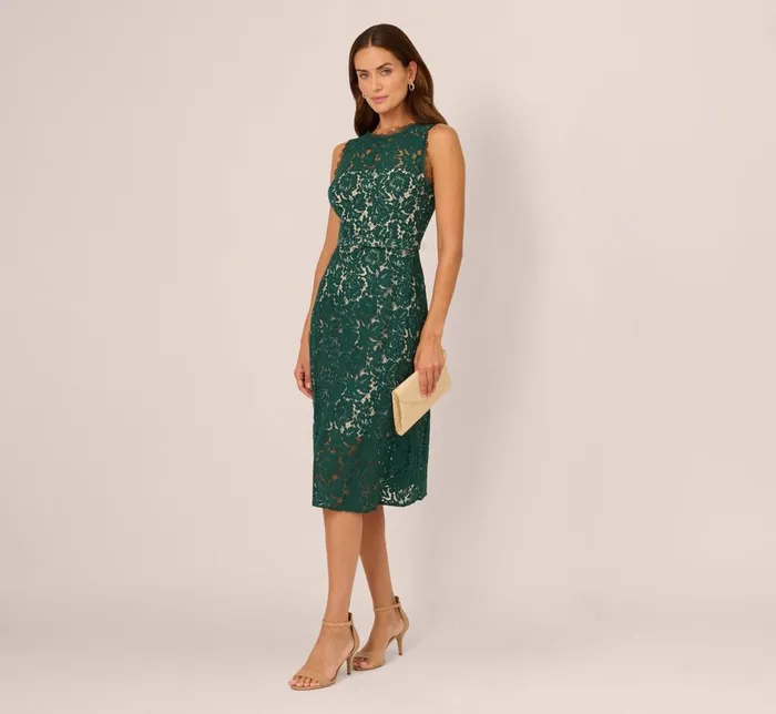 Adrianna Papell Day Dresses Sleeveless Lace Fit And Flare Dress With Sheer Details In Hunter 8211 Women
