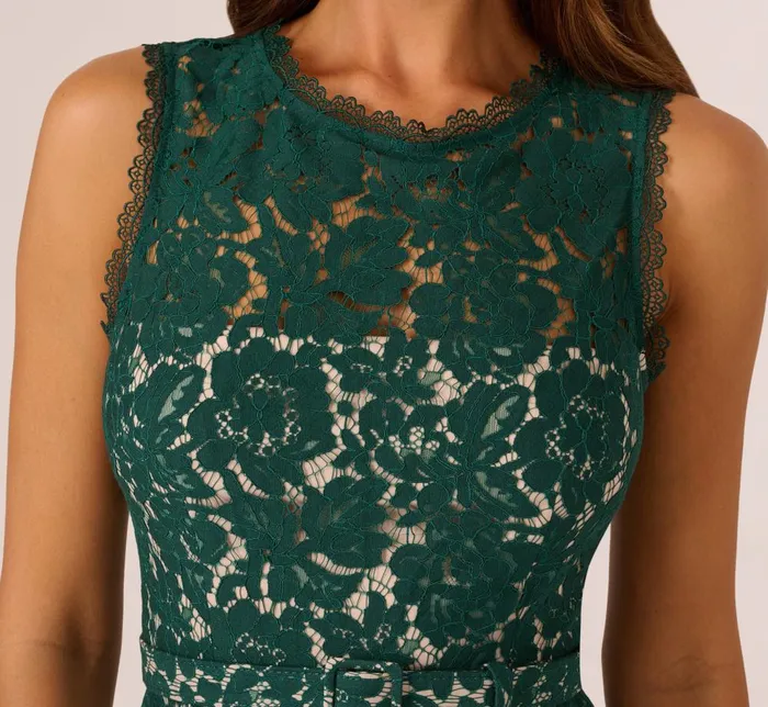 Adrianna Papell Day Dresses Sleeveless Lace Fit And Flare Dress With Sheer Details In Hunter 8211 Women