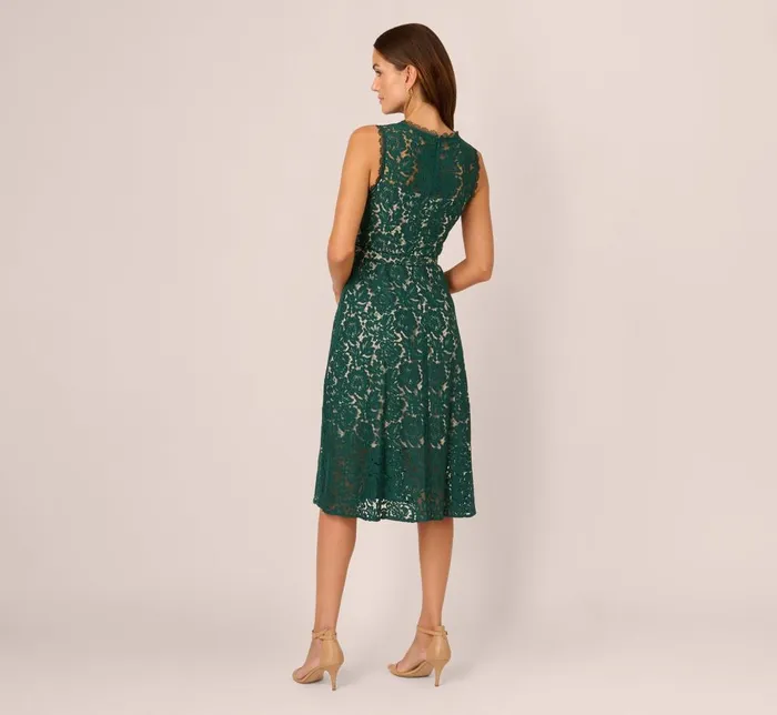 Adrianna Papell Day Dresses Sleeveless Lace Fit And Flare Dress With Sheer Details In Hunter 8211 Women