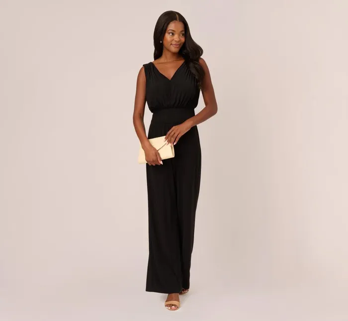 Adrianna Papell Day Dresses Sleeveless Smocked Jumpsuit With VNeckline In Black 8211 Women