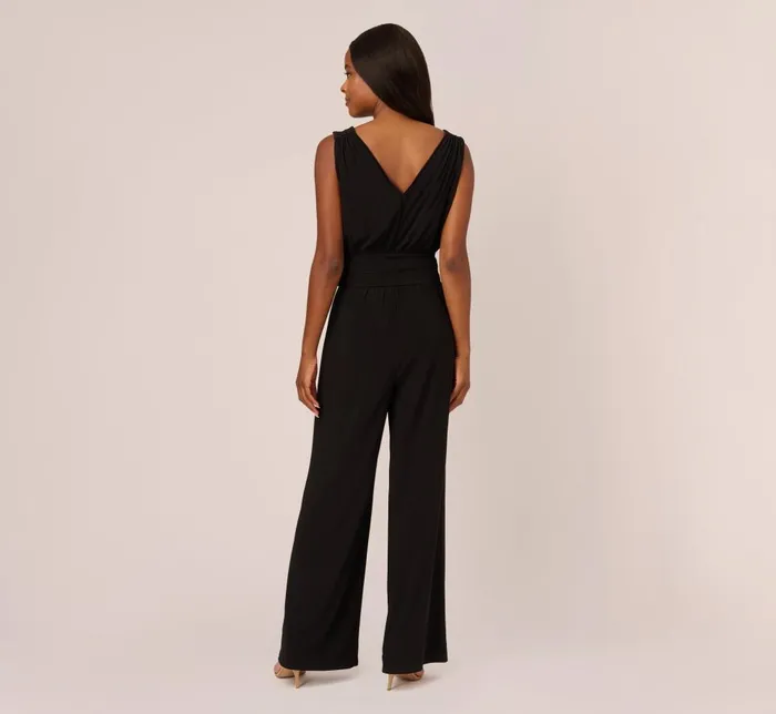 Adrianna Papell Day Dresses Sleeveless Smocked Jumpsuit With VNeckline In Black 8211 Women