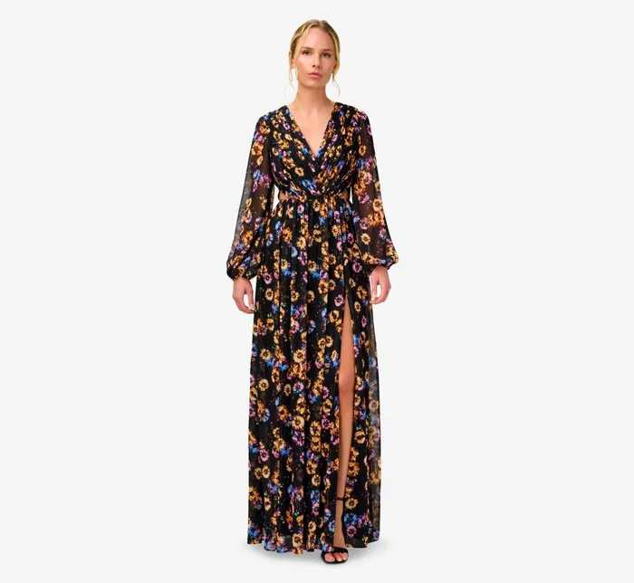 Adrianna Papell Formal Dresses FloralPrint Pleated Chiffon Long ALine Gown In Black Multi 8211 Women Adrianna Papell Formal Dresses FloralPrint Pleated Chiffon Long ALine Gown In Black Multi 8211 Women