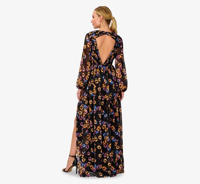 Adrianna Papell Formal Dresses FloralPrint Pleated Chiffon Long ALine Gown In Black Multi 8211 Women