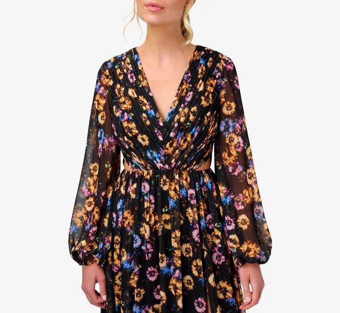 Adrianna Papell Formal Dresses FloralPrint Pleated Chiffon Long ALine Gown In Black Multi 8211 Women