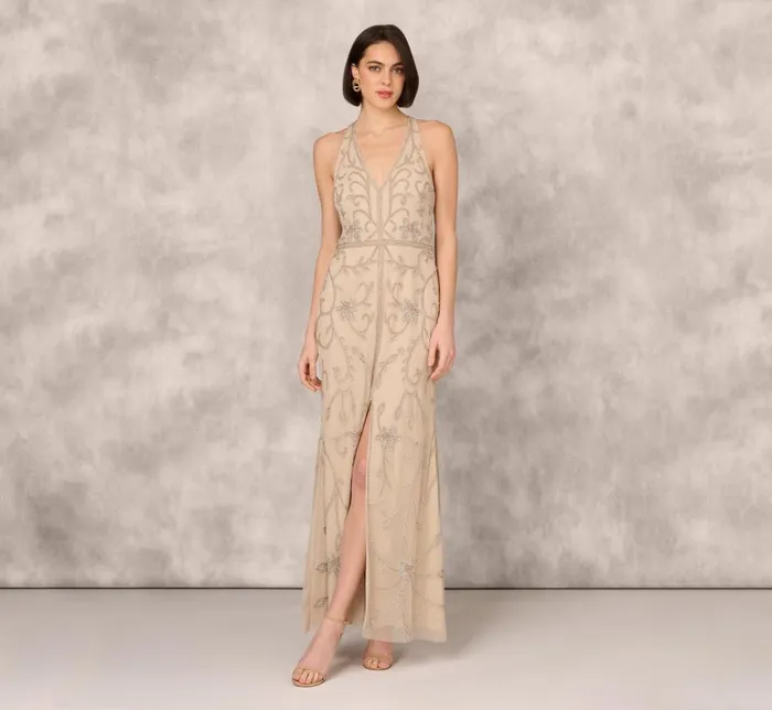 Adrianna Papell Formal Dresses Flourish Beaded Halter Gown With Open Back In Biscotti 8211 Women Adrianna Papell Formal Dresses Flourish Beaded Halter Gown With Open Back In Biscotti 8211 Women