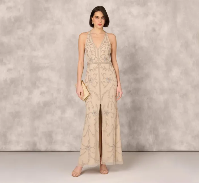 Adrianna Papell Formal Dresses Flourish Beaded Halter Gown With Open Back In Biscotti 8211 Women