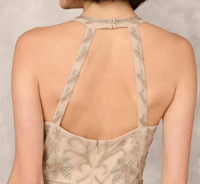 Adrianna Papell Formal Dresses Flourish Beaded Halter Gown With Open Back In Biscotti 8211 Women