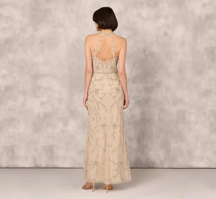 Adrianna Papell Formal Dresses Flourish Beaded Halter Gown With Open Back In Biscotti 8211 Women