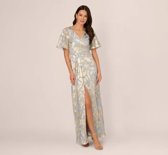 Adrianna Papell Formal Dresses Foil Leaf Short Sleeve Gown With Draped Details In Light Blue Gold 8211 Women