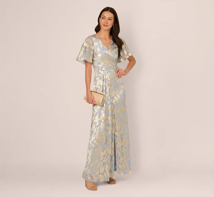 Adrianna Papell Formal Dresses Foil Leaf Short Sleeve Gown With Draped Details In Light Blue Gold 8211 Women