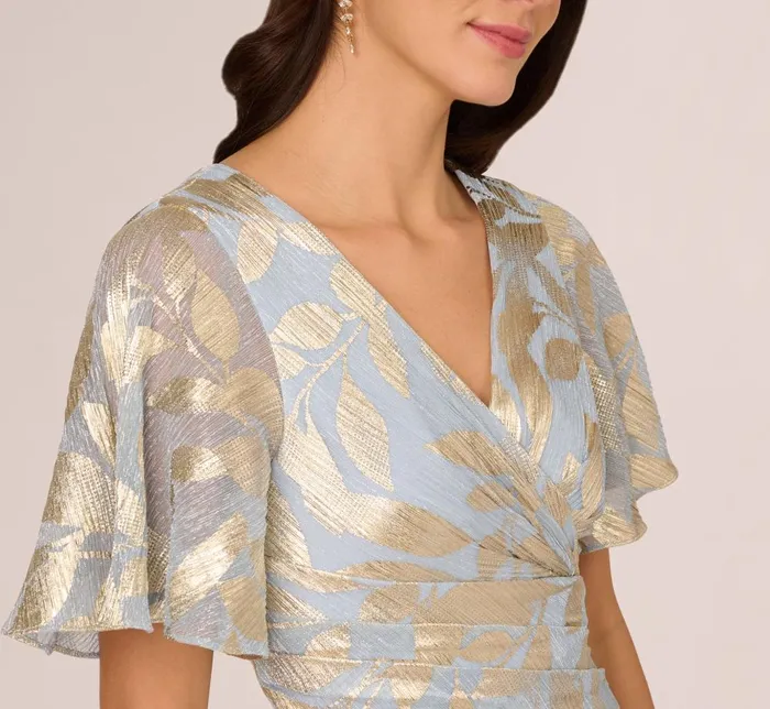 Adrianna Papell Formal Dresses Foil Leaf Short Sleeve Gown With Draped Details In Light Blue Gold 8211 Women