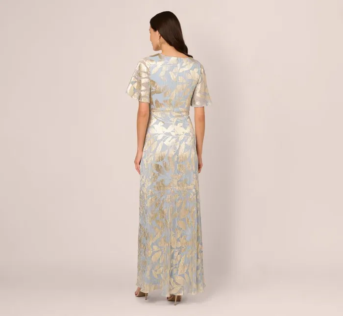 Adrianna Papell Formal Dresses Foil Leaf Short Sleeve Gown With Draped Details In Light Blue Gold 8211 Women